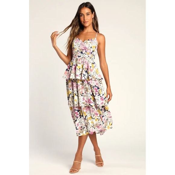 Lulus Dresses & Skirts - Lulus Floral Tiered Midi Dress Navy Pink Yellow Sweetheart Bustier XS New